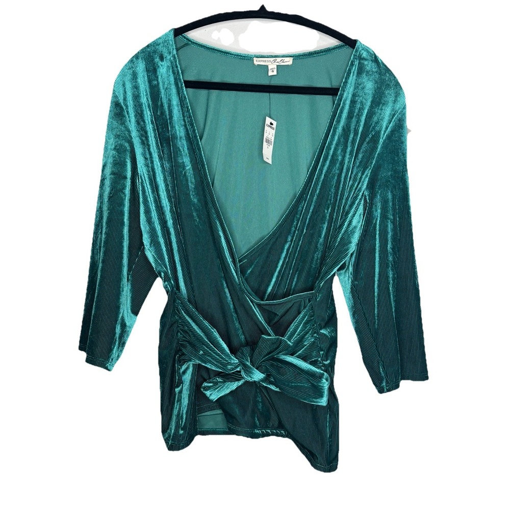 EXPRESS Women Cross Top W Tie XL Sweater Ribbed Blouse Holiday Green Emerald